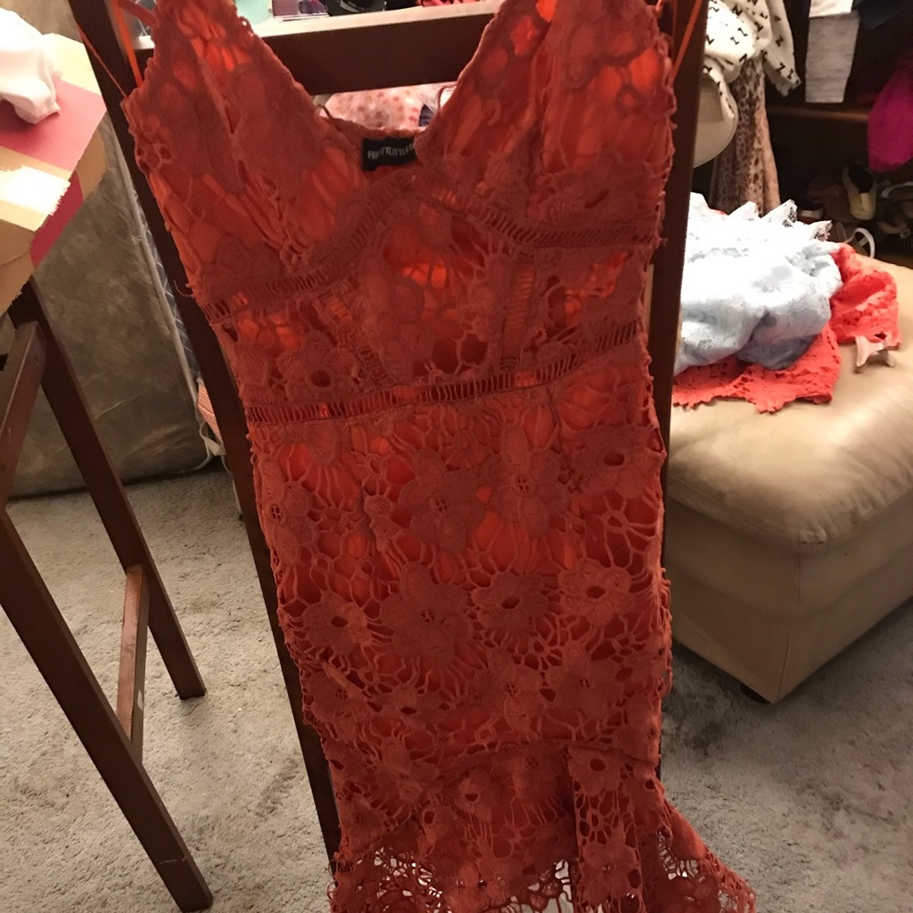 Prettylittlethings Orange Lace Strapless Dress